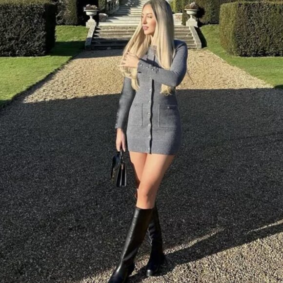 ZARA WOMAN GRAY KNIT POCKET MINI DRESS Gold buttons Long sleeves 3920/031 S NWT - Picture 4 of 13